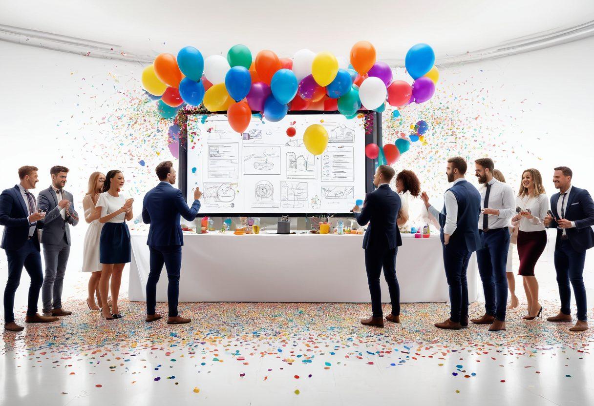 A bustling event planning scene showcasing a diverse team of professionals collaborating over colorful blueprints and digital screens, with elements of celebration such as balloons and confetti in the background. The atmosphere is infused with excitement and organization, highlighting the transformation from concept to a festive celebration. super-realistic. vibrant colors. white background.