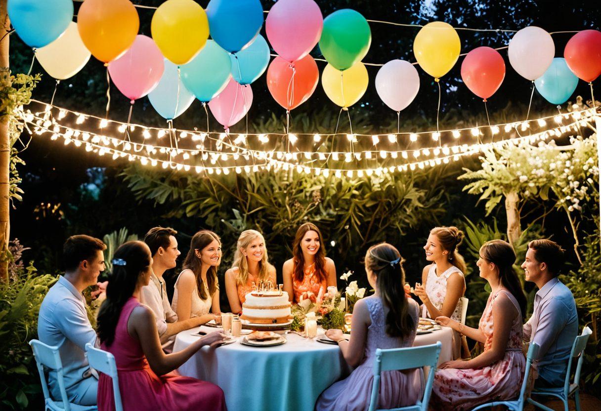 A whimsical scene depicting a vibrant garden party where traditional elements like a classic cake and balloons are infused with modern twists, such as colorful lanterns and eclectic decor. Guests dressed in quirky outfits are enjoying themselves under twinkling fairy lights, surrounded by lush flowers and unique table settings that celebrate various cultures. The atmosphere is festive and joyful, inviting viewers to partake in the creativity of celebrations. vibrant colors. 3D. festive atmosphere.