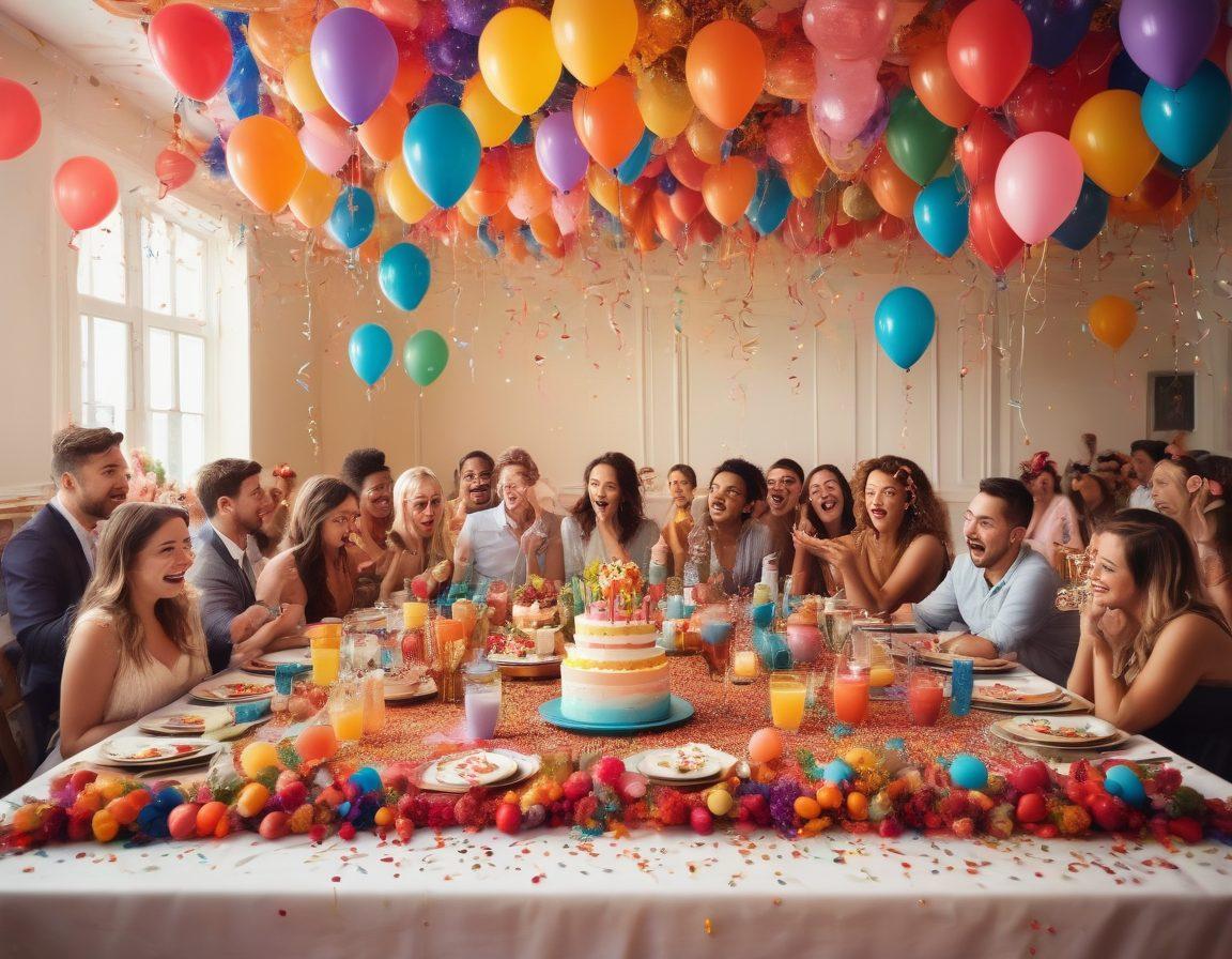 A whimsical celebration scene filled with vibrant decorations, surprise elements like confetti and balloons, and a diverse group of excited people showcasing various celebrations. Include a beautifully set table with creative centerpieces, an oversized cake, and playful party props. The atmosphere should convey joy and anticipation. super-realistic. vibrant colors. festive background.